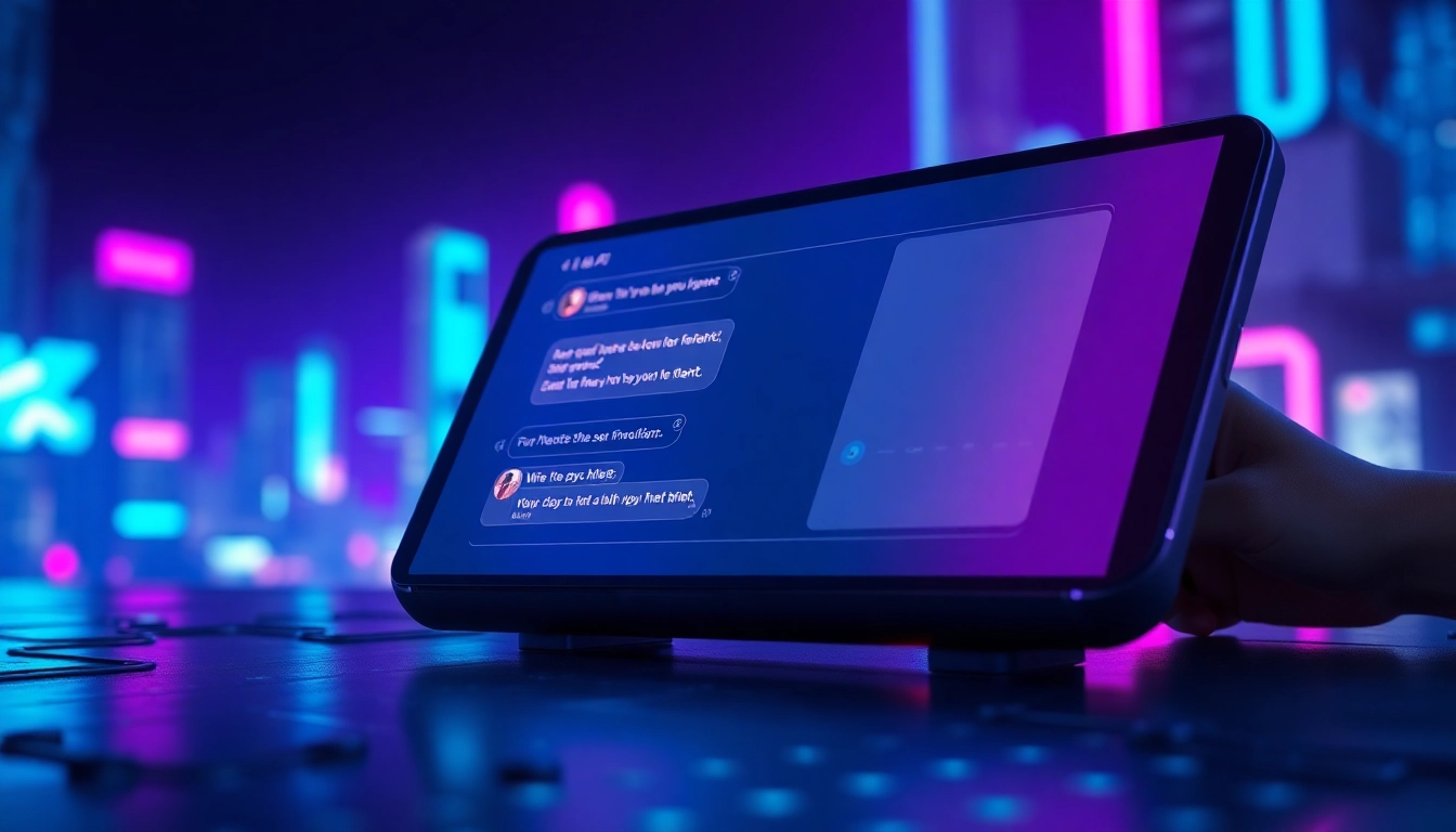 Futuristic AI chatbot interface on a sleek device with neon lights and suggestive chat bubbles in a cyberpunk cityscape background.