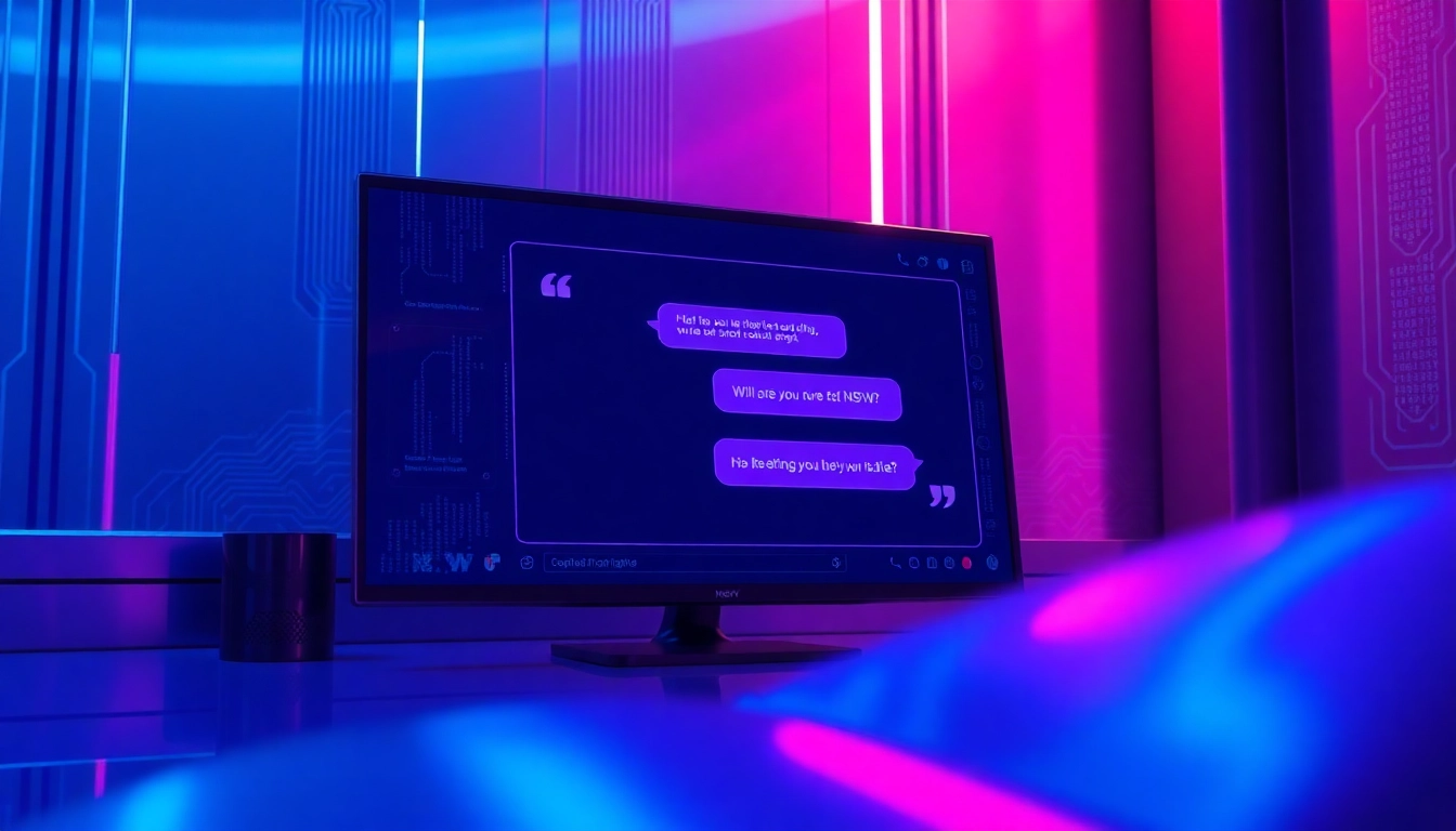 Futuristic AI chatbot interface on a neon-lit screen with digital code and conversation bubbles