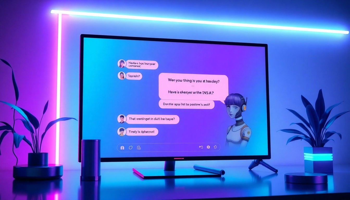 A futuristic AI chat interface on a screen with suggestive content and customizable avatars in a neon-lit cyberpunk setting.