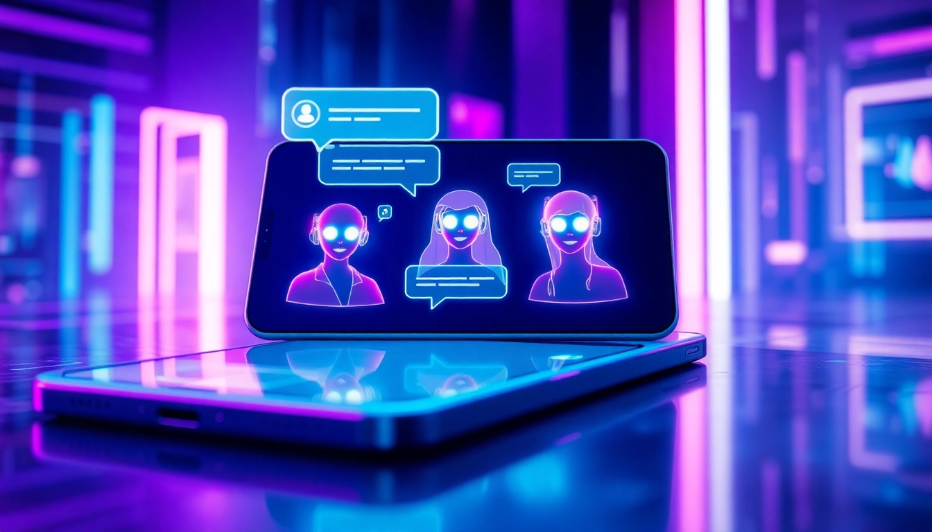 Futuristic digital chat interface with holographic AI characters in a cyberpunk style.