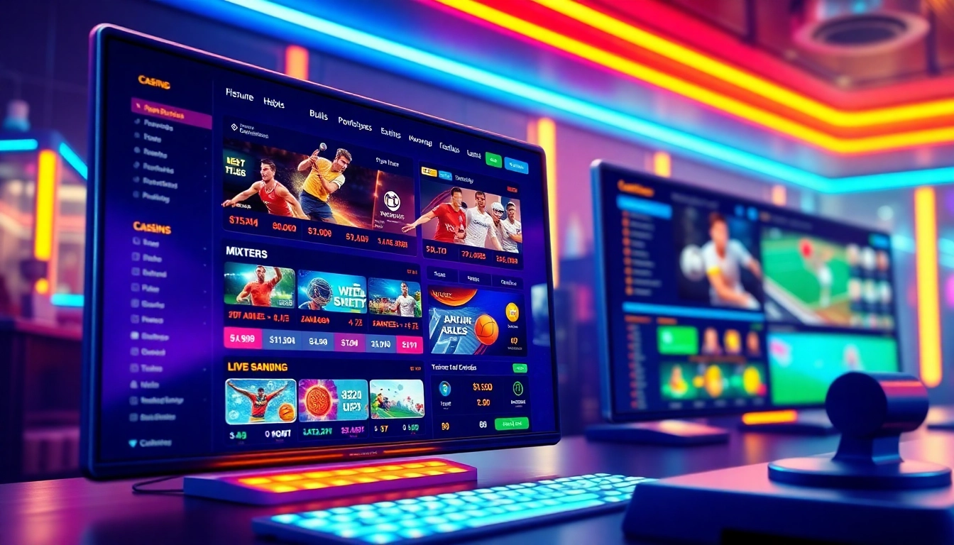Illustration of a vibrant online sportsbook and casino platform with live sports and betting options.