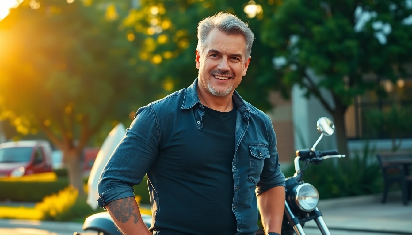 A handsome mature man with gray hair and a friendly smile outdoors during golden hour.