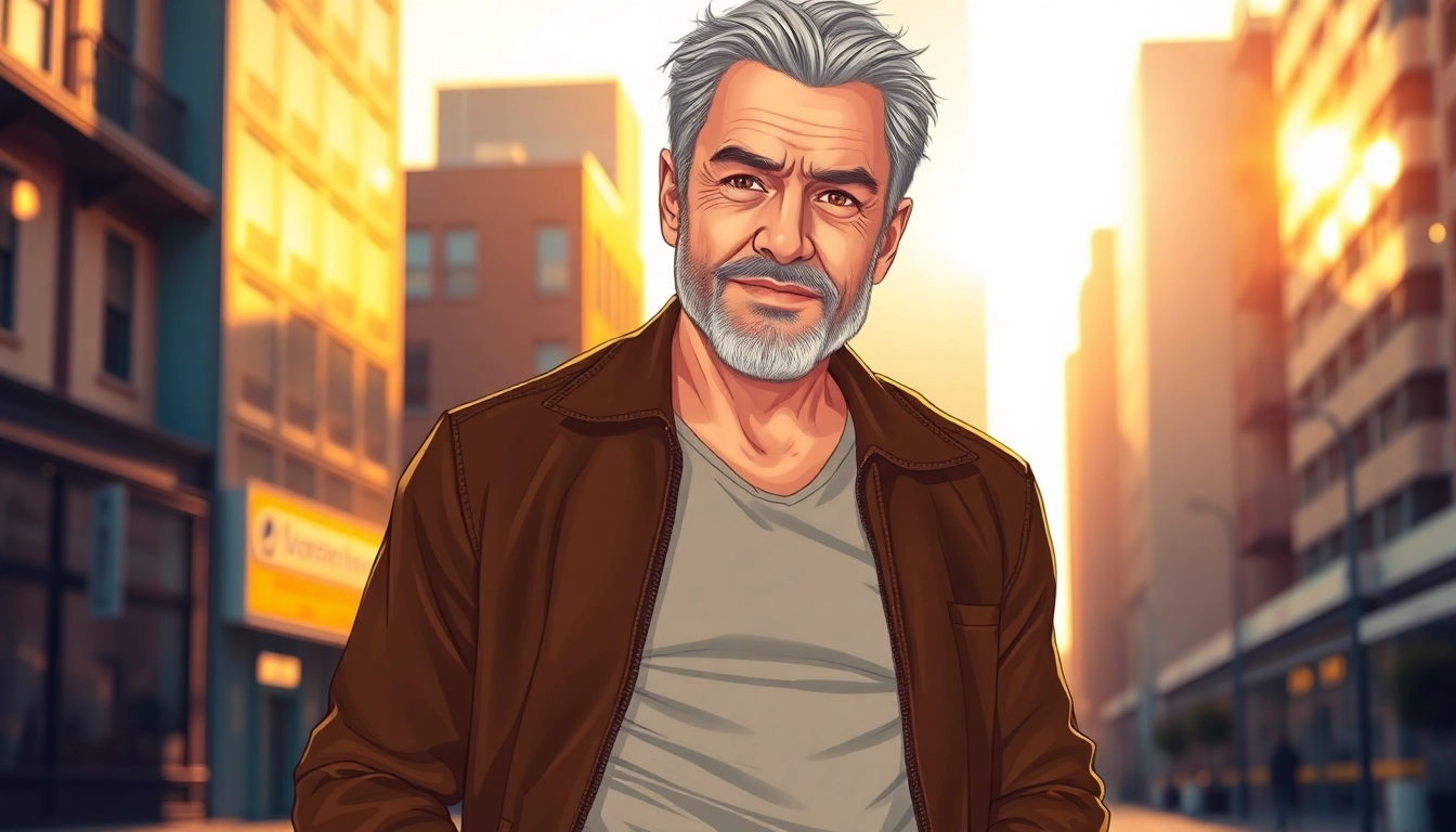 An attractive mature man standing confidently in an urban cityscape during golden hour.