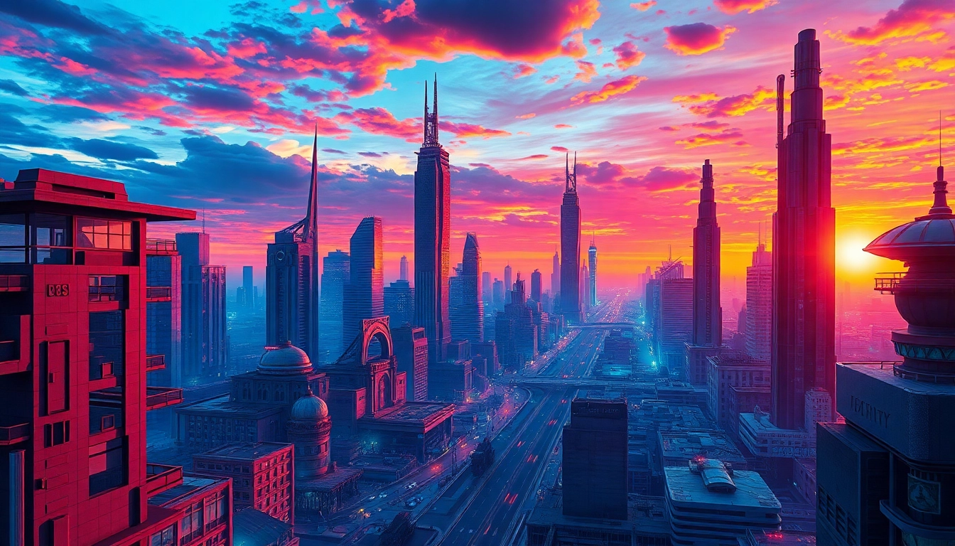 A high-quality scene created by an ai image generator no restrictions, showcasing a detailed futuristic city at dusk with glowing lights and reflective surfaces for immersive visual experience.