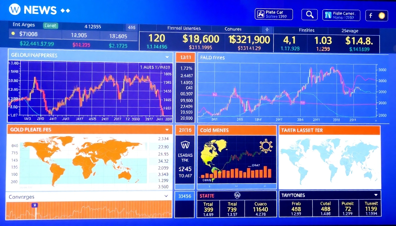 Trading News updates with stock charts, gold records, and market analysis visuals for financial