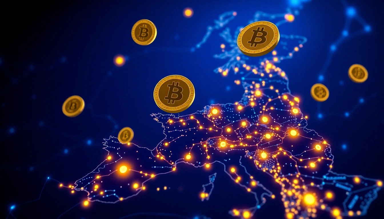 Cryptocurrency News UK infographic showing digital coins over UK with market trends visualized